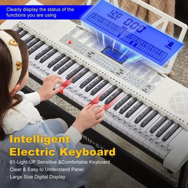 Alt view image 5 of 7 - 61 Key White Piano Keyboard, Electric Keyboard Piano with Light-Up Keys | 255 Tones/Rhythms, Smart Learning System,Headphone,Microphone,Keyboard Stand,Stool, Stickers,Piano Keyboard Set for Beginners