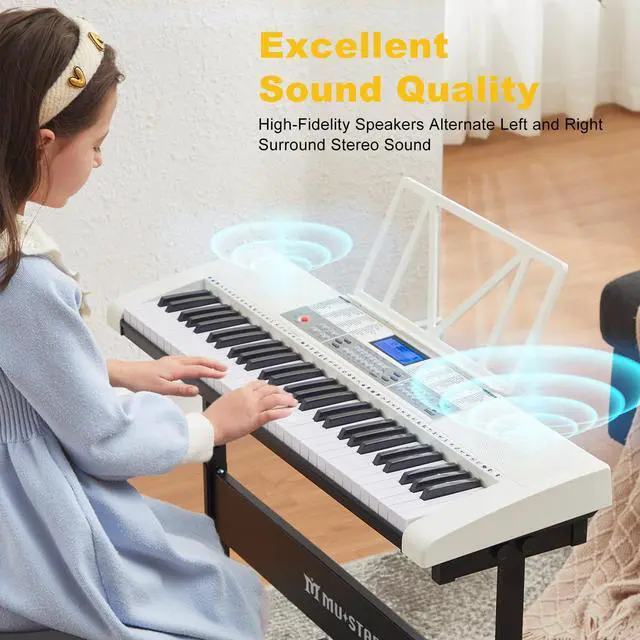 Alt view image 6 of 7 - 61 Key White Piano Keyboard, Electric Keyboard Piano with Light-Up Keys | 255 Tones/Rhythms, Smart Learning System,Headphone,Microphone,Keyboard Stand,Stool, Stickers,Piano Keyboard Set for Beginners
