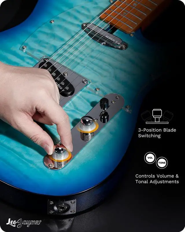Alt view image 4 of 7 - TL Electric Guitar - Ocean Maple Top, Mahogany Body, Maple Neck - Alnico V Pickups, Locking Tuners- Solid Choice for Beginners & Intermediate Players (Blue Ocean)
