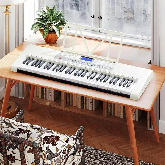 Alt view image 7 of 7 - 61 Key White Piano Keyboard, Electric Keyboard Piano with Light-Up Keys | 255 Tones/Rhythms, Smart Learning System,Headphone,Microphone,Keyboard Stand,Stool, Stickers,Piano Keyboard Set for Beginners