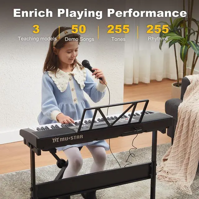 Alt view image 4 of 7 - Keyboard Piano, 61 Key Electric Piano Keyboard with Light-Up Keys | 255 Tones/Rhythms,Smart Learning System,Headphone,Microphone,Keyboard Stand, Stool, Stickers,Piano Keyboard Set for Beginners