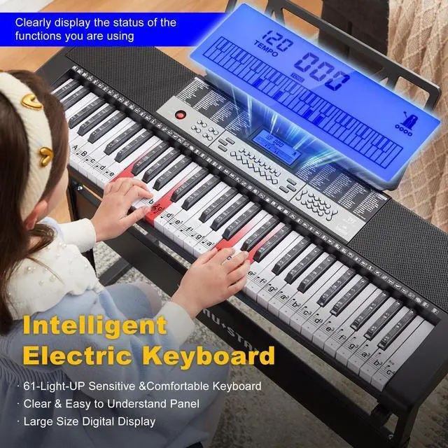 Alt view image 5 of 7 - Keyboard Piano, 61 Key Electric Piano Keyboard with Light-Up Keys | 255 Tones/Rhythms,Smart Learning System,Headphone,Microphone,Keyboard Stand, Stool, Stickers,Piano Keyboard Set for Beginners