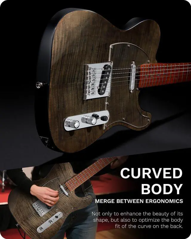 Alt view image 6 of 7 - TL Electric Guitar - Flame Maple Top, Mahogany Body, Maple Neck - Alnico V Pickups - Solid Choice for Beginners & Intermediate Players (Black Flame)