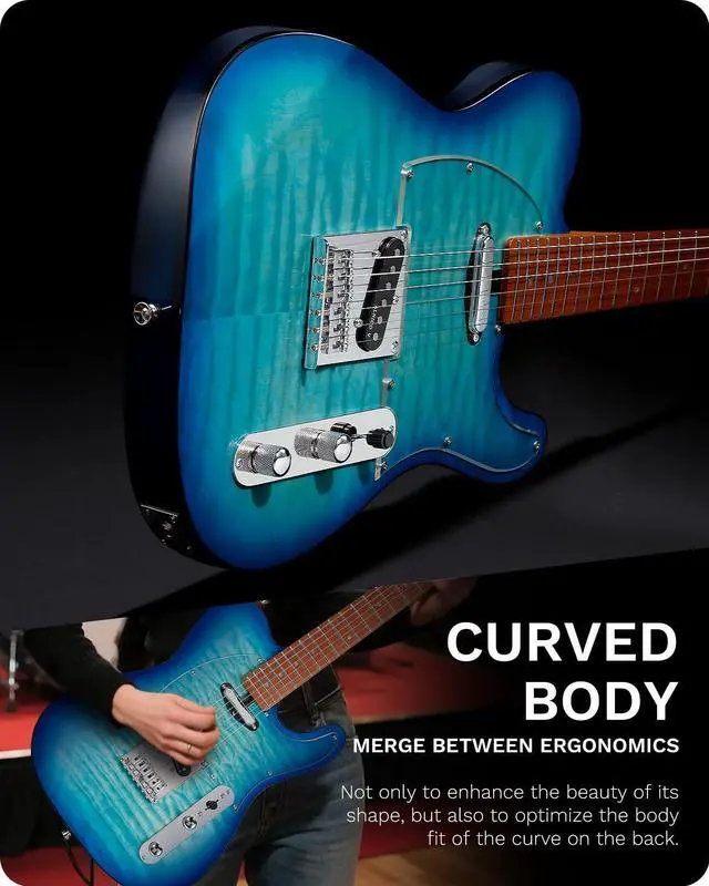Alt view image 6 of 7 - TL Electric Guitar - Ocean Maple Top, Mahogany Body, Maple Neck - Alnico V Pickups, Locking Tuners- Solid Choice for Beginners & Intermediate Players (Blue Ocean)