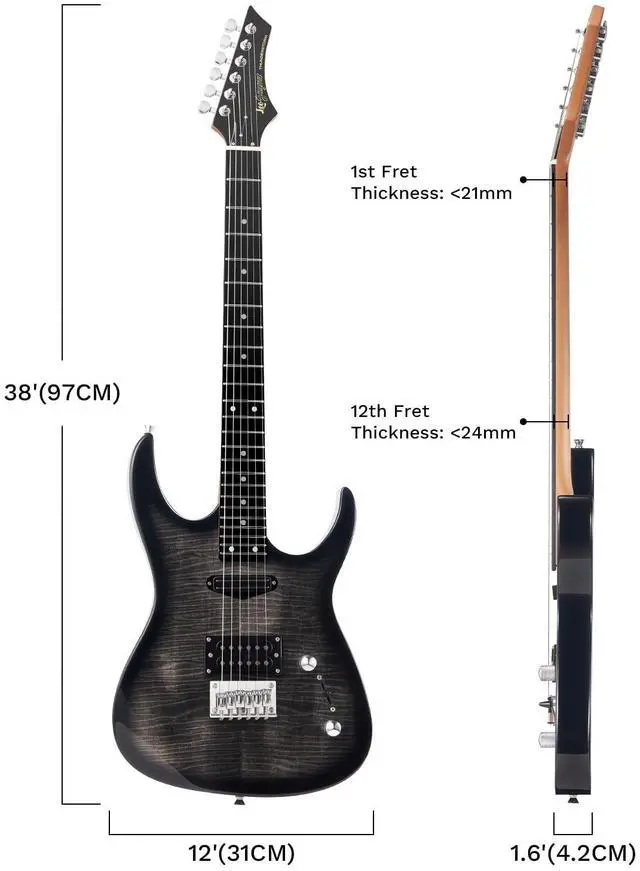 Alt view image 2 of 7 - Electric Guitar,Thunderstorm ST Style Solid Body Electric Guitar, Flamed Maple Top, Purple Fixed Bridge, Railway Pickup, 24 Frets,for Beginner Student&Adult (Black Flame)
