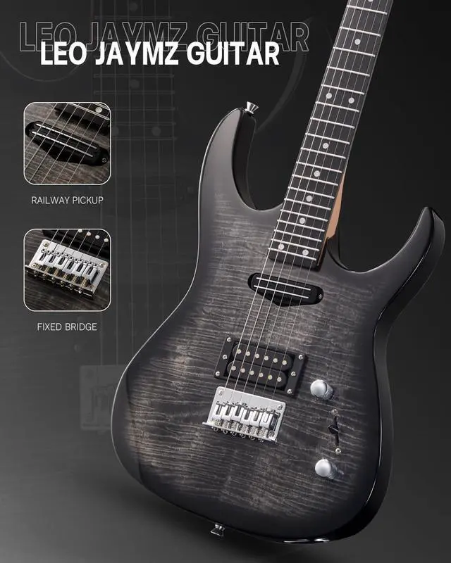 Alt view image 4 of 7 - Electric Guitar,Thunderstorm ST Style Solid Body Electric Guitar, Flamed Maple Top, Purple Fixed Bridge, Railway Pickup, 24 Frets,for Beginner Student&Adult (Black Flame)