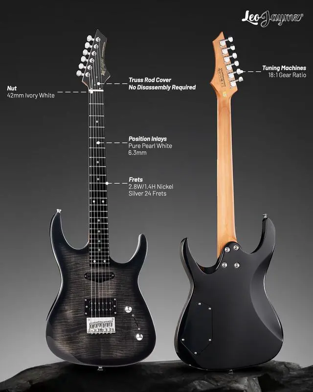 Alt view image 3 of 7 - Electric Guitar,Thunderstorm ST Style Solid Body Electric Guitar, Flamed Maple Top, Purple Fixed Bridge, Railway Pickup, 24 Frets,for Beginner Student&Adult (Black Flame)