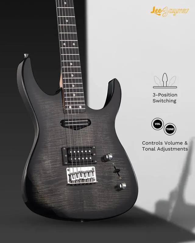 Alt view image 5 of 7 - Electric Guitar,Thunderstorm ST Style Solid Body Electric Guitar, Flamed Maple Top, Purple Fixed Bridge, Railway Pickup, 24 Frets,for Beginner Student&Adult (Black Flame)