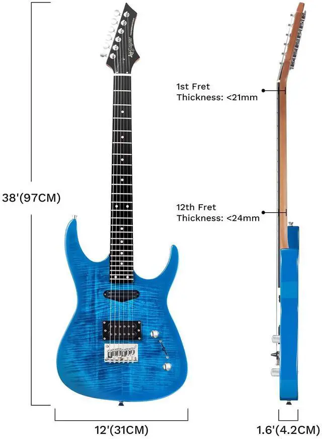 Alt view image 2 of 7 - Electric Guitar,Thunderstorm ST Style Solid Body Electric Guitar, Flamed Maple Top, Purple Fixed Bridge, Railway Pickup, 24 Frets,for Beginner Student&Adult (Blue Flame)