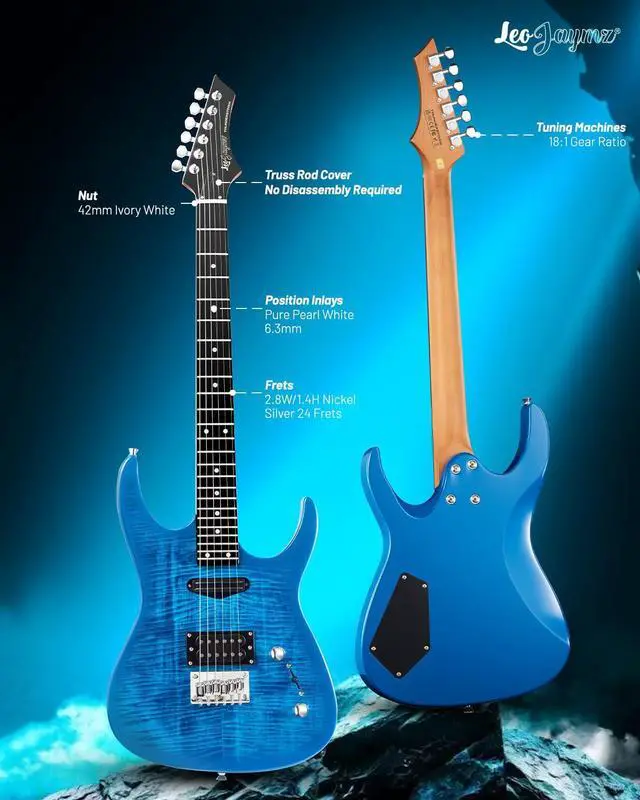 Alt view image 3 of 7 - Electric Guitar,Thunderstorm ST Style Solid Body Electric Guitar, Flamed Maple Top, Purple Fixed Bridge, Railway Pickup, 24 Frets,for Beginner Student&Adult (Blue Flame)