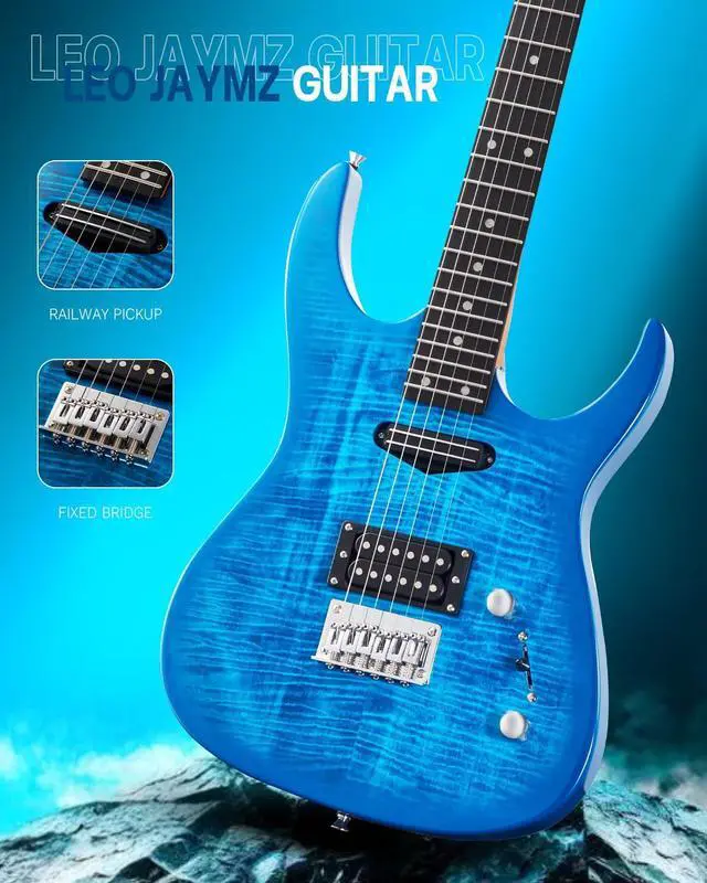 Alt view image 4 of 7 - Electric Guitar,Thunderstorm ST Style Solid Body Electric Guitar, Flamed Maple Top, Purple Fixed Bridge, Railway Pickup, 24 Frets,for Beginner Student&Adult (Blue Flame)