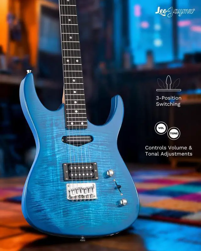 Alt view image 5 of 7 - Electric Guitar,Thunderstorm ST Style Solid Body Electric Guitar, Flamed Maple Top, Purple Fixed Bridge, Railway Pickup, 24 Frets,for Beginner Student&Adult (Blue Flame)