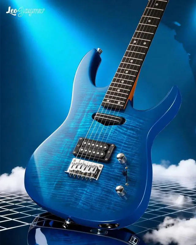 Alt view image 6 of 7 - Electric Guitar,Thunderstorm ST Style Solid Body Electric Guitar, Flamed Maple Top, Purple Fixed Bridge, Railway Pickup, 24 Frets,for Beginner Student&Adult (Blue Flame)