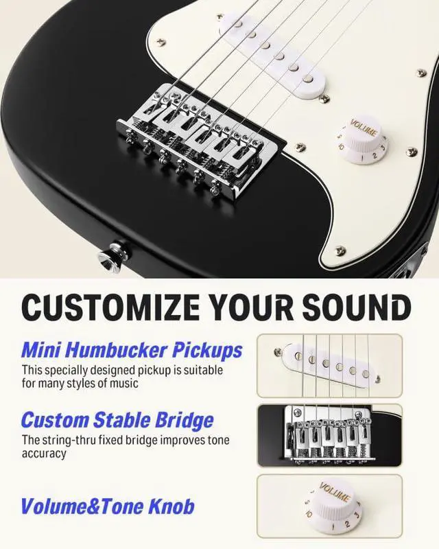 Alt view image 3 of 7 - 30 Inch Kids Electric Guitar Beginner Kits ST Style Mini Electric Guitar for Boys Girls with Amp, 600D Bag, Tuner, Picks, Cable, Strap, Extra Strings, DSJ-100, Black