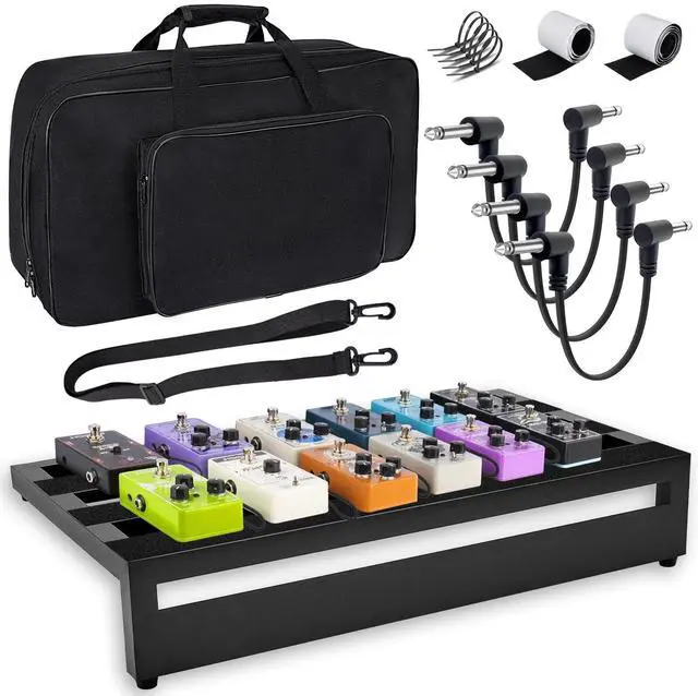 Main image of Guitar Pedal Board Aluminum Alloy pedalboards 19.7x11.4x3.93" | Black Effects PedalBoard with 4 Pcs 6 Inch Guitar Pedal Cable, Carrying Bag, Adhesive Hookside Tape