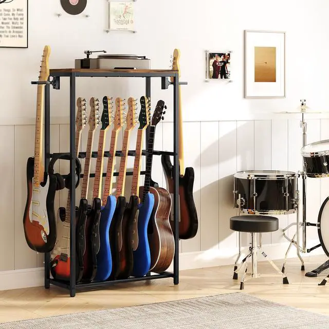 Alt view image 3 of 7 - Guitar Stand, Guitar Rack for Acoustic Holder, Electric Guitar, Bass, Multiple Guitar Rack Holder for Guitars, Guitar Amp Accessories, for Home Music Studio, Rustic Brown and Black GSHR6701