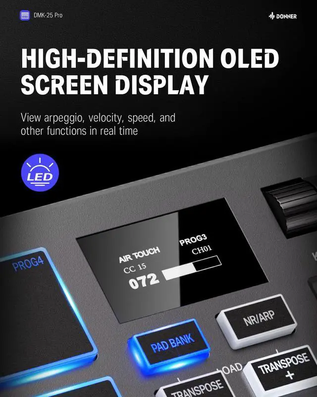 Alt view image 2 of 7 - DMK25 Pro MIDI Keyboard Controller, 25 Mini Key Portable USB-C MIDI Keyboard with 8 Drum Pads, OLED Display, Personalized Touch Bar, Music Production Software and 40 Teaching Courses White