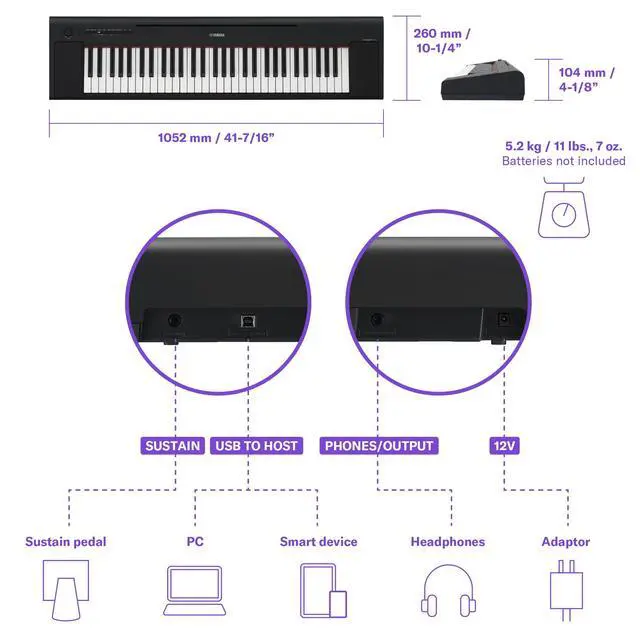 Alt view image 7 of 7 - Piaggero 61-Key Ultra-Portable Digital Piano, Touch Sensitive Keys, Metronome, Recording Function, Black NP15B