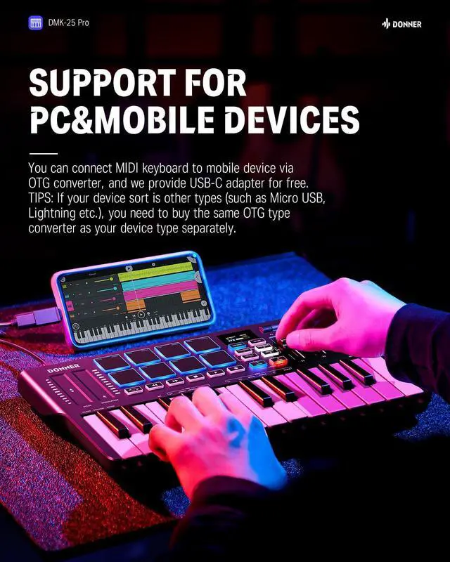 Alt view image 4 of 7 - DMK25 Pro MIDI Keyboard Controller, 25 Mini Key Portable USB-C MIDI Keyboard with 8 Drum Pads, OLED Display, Personalized Touch Bar, Music Production Software and 40 Teaching Courses White
