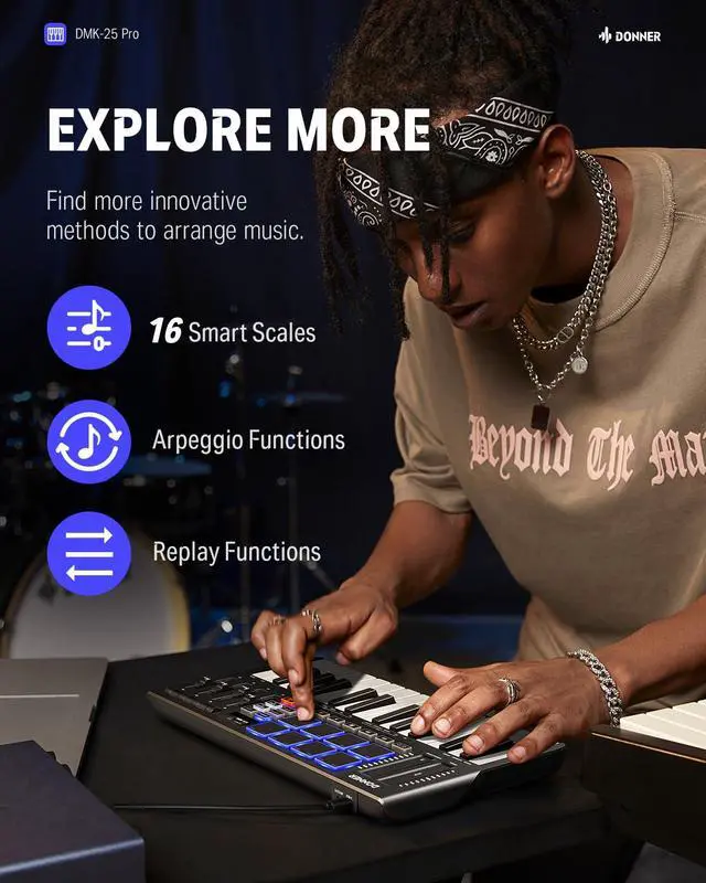 Alt view image 3 of 7 - DMK25 Pro MIDI Keyboard Controller, 25 Mini Key Portable USB-C MIDI Keyboard with 8 Drum Pads, OLED Display, Personalized Touch Bar, Music Production Software and 40 Teaching Courses White