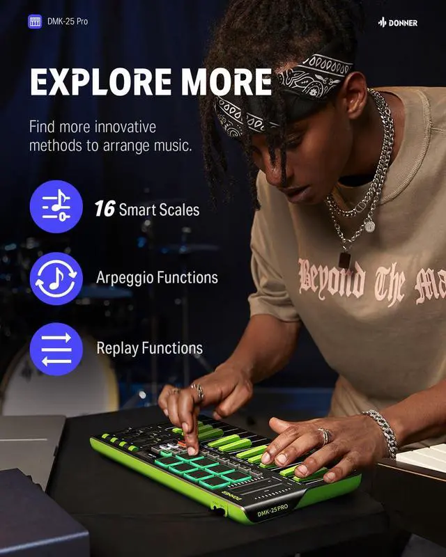Alt view image 3 of 7 - DMK25 Pro MIDI Keyboard Controller, 25 Mini Key Portable USB-C MIDI Controller with 8 Drum Pads, OLED Display, Personalized Touch Bar, Music Production Software and 40 Teaching Courses, Green