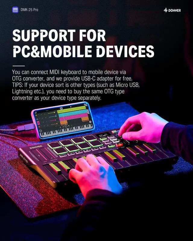 Alt view image 4 of 7 - DMK25 Pro MIDI Keyboard Controller, 25 Mini Key Portable USB-C MIDI Controller with 8 Drum Pads, OLED Display, Personalized Touch Bar, Music Production Software and 40 Teaching Courses, Green
