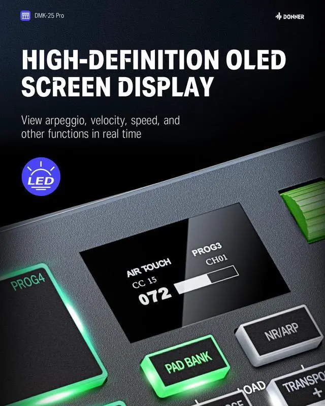 Alt view image 2 of 7 - DMK25 Pro MIDI Keyboard Controller, 25 Mini Key Portable USB-C MIDI Controller with 8 Drum Pads, OLED Display, Personalized Touch Bar, Music Production Software and 40 Teaching Courses, Green