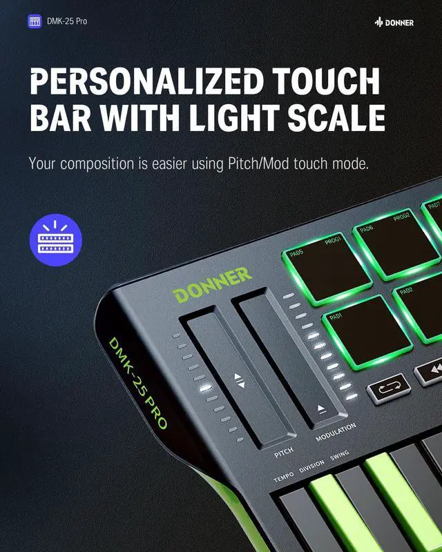 Alt view image 6 of 7 - DMK25 Pro MIDI Keyboard Controller, 25 Mini Key Portable USB-C MIDI Controller with 8 Drum Pads, OLED Display, Personalized Touch Bar, Music Production Software and 40 Teaching Courses, Green