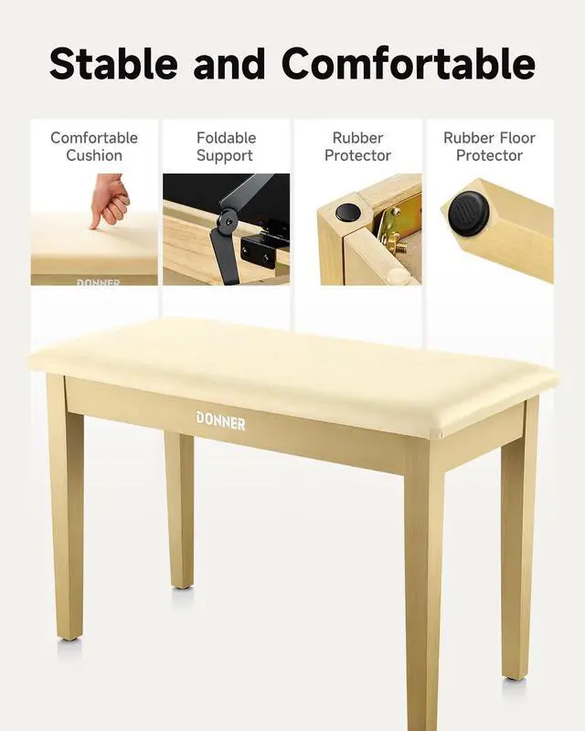 Alt view image 3 of 6 - Duet Piano Bench with Storage, Solid Wooden Keyboard Bench Piano Bookcase Stool Chair Seat with High-Density Sponges Padded Cushion, Beige