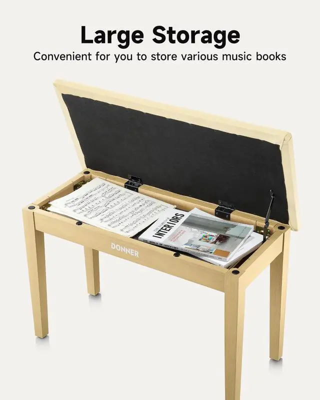 Alt view image 4 of 6 - Duet Piano Bench with Storage, Solid Wooden Keyboard Bench Piano Bookcase Stool Chair Seat with High-Density Sponges Padded Cushion, Beige
