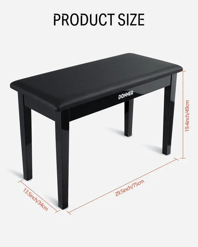 Alt view image 2 of 5 - Duet Piano Bench with Storage, Solid Wooden Keyboard Bench Piano Bookcase Stool Chair Seat with High-Density Sponges Padded Cushion, Black