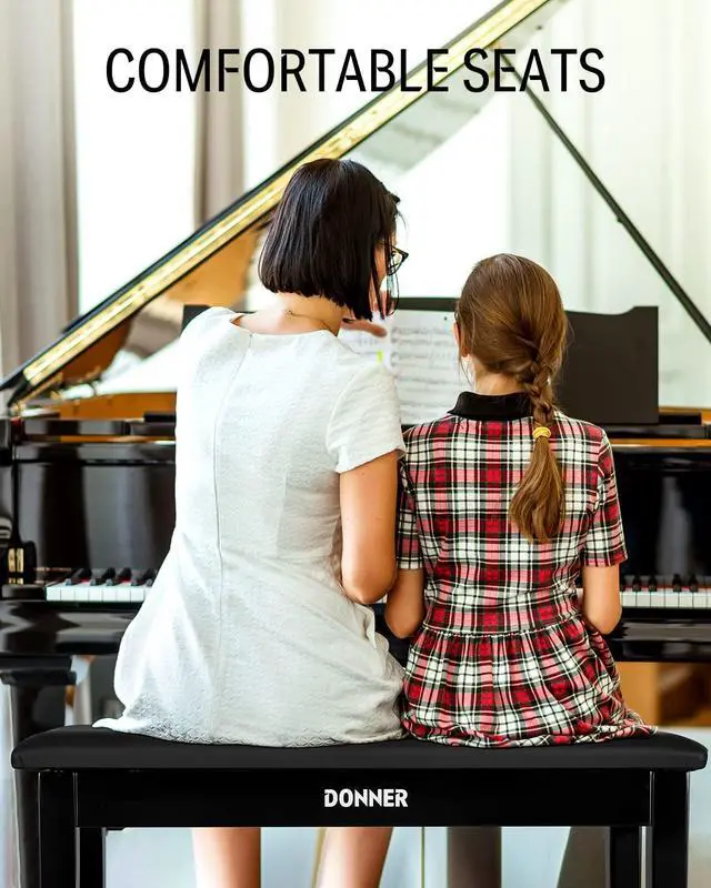 Alt view image 3 of 5 - Duet Piano Bench with Storage, Solid Wooden Keyboard Bench Piano Bookcase Stool Chair Seat with High-Density Sponges Padded Cushion, Black