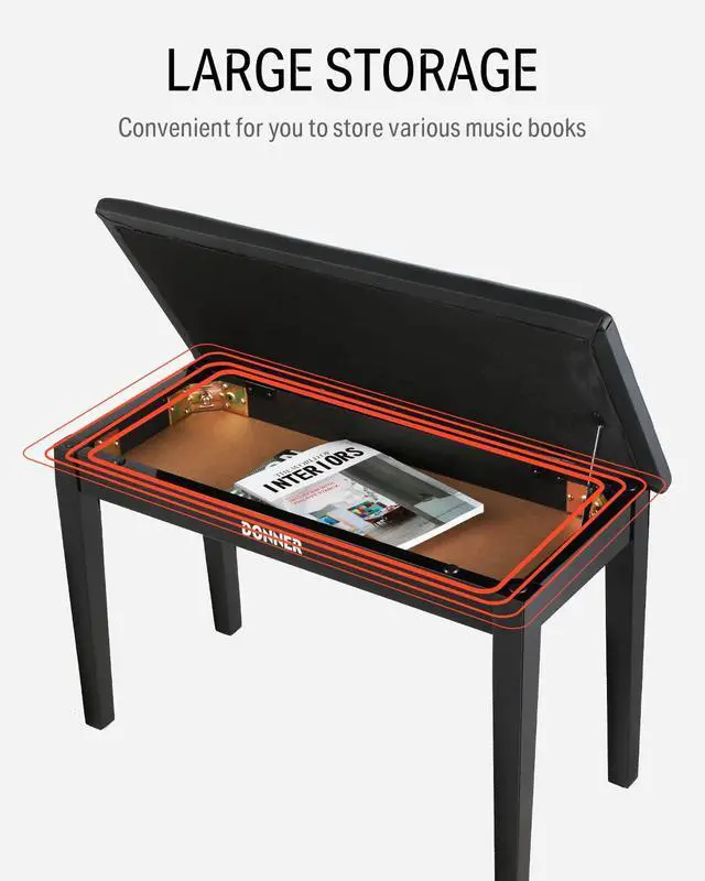 Alt view image 4 of 5 - Duet Piano Bench with Storage, Solid Wooden Keyboard Bench Piano Bookcase Stool Chair Seat with High-Density Sponges Padded Cushion, Black