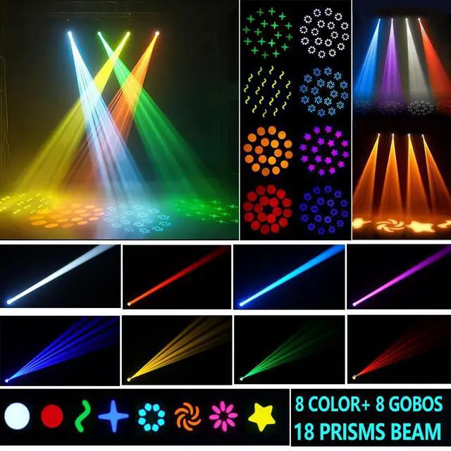 Alt view image 2 of 7 - 120W Moving Head Beam Light, DMX512 Stage Lighting | 18-Facet Prism, 8 Gobos & 8 Colors, Sound Activated, LED Beam Effect for Weddings, Clubs, Bars, Parties and Stage Shows