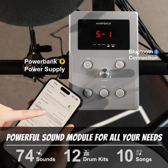 Alt view image 2 of 6 - MK-0 Plus Electric Drum Set with 4 Quite Mesh Electronic Drum Pads, 4 Full Rubber Crash, 5" Kick Drum, 12 Drum Kits and 74 Sounds, Bluetooth, Throne, Sticks, Headphones, Suit for Beginner