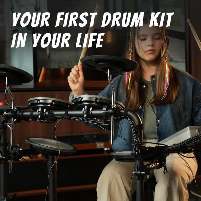 Alt view image 4 of 6 - MK-0 Plus Electric Drum Set with 4 Quite Mesh Electronic Drum Pads, 4 Full Rubber Crash, 5" Kick Drum, 12 Drum Kits and 74 Sounds, Bluetooth, Throne, Sticks, Headphones, Suit for Beginner