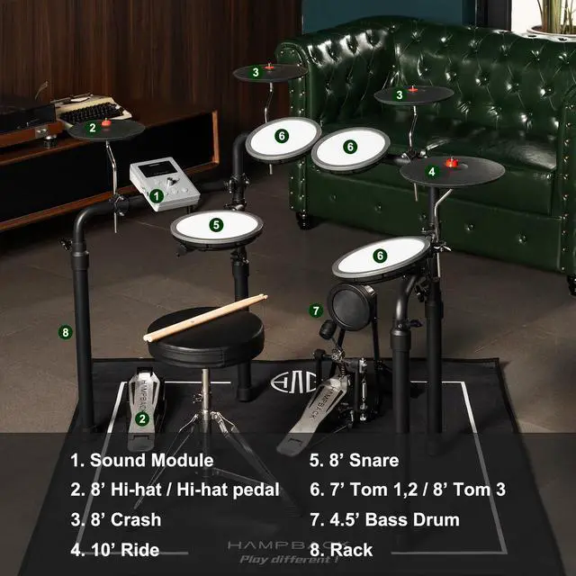 Alt view image 3 of 6 - MK-0 Plus Electric Drum Set with 4 Quite Mesh Electronic Drum Pads, 4 Full Rubber Crash, 5" Kick Drum, 12 Drum Kits and 74 Sounds, Bluetooth, Throne, Sticks, Headphones, Suit for Beginner