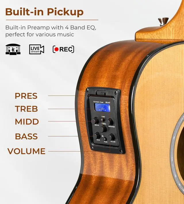 Alt view image 2 of 7 - Electric Acoustic Guitar 3/4 Size - 36 Inch Acoustic Electric Guitar Cutaway Acustica Guitarra Bundle for Beginners and Students, Spruce Top, Guitarra Electro Acustica by