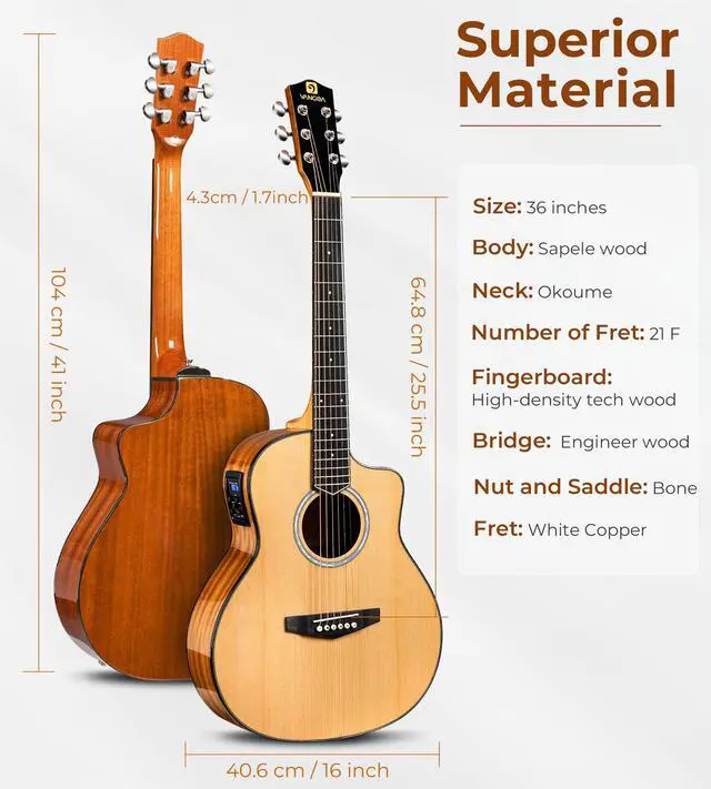 Alt view image 7 of 7 - Electric Acoustic Guitar 3/4 Size - 36 Inch Acoustic Electric Guitar Cutaway Acustica Guitarra Bundle for Beginners and Students, Spruce Top, Guitarra Electro Acustica by