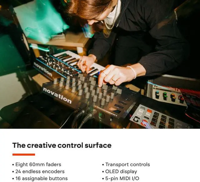 Alt view image 7 of 7 - Launch Control XL 3 USB MIDI Control Surface | USB, 24 Endless Encoders, 8 Faders, 16 Assignable Buttons, Transport Control, OLED Display, 5-Pin MIDI I/O, 15 Custom Modes