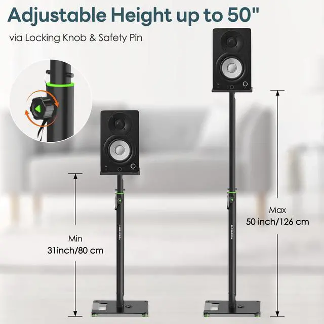 Alt view image 4 of 7 - Pair Studio Monitor Stands 31"-50" Floor Monitor Speaker Stands | Adjustable Height, Cable Management, Heavy Duty, Flat Base