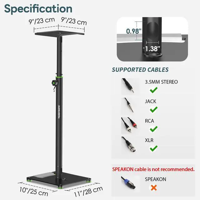Alt view image 5 of 7 - Pair Studio Monitor Stands 31"-50" Floor Monitor Speaker Stands | Adjustable Height, Cable Management, Heavy Duty, Flat Base