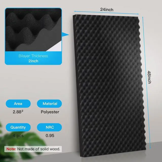 Alt view image 2 of 7 - 8 Pack Acoustic Panels, 48x24x2 Egg Crate Soundproof Foam Wall Panels High Density Studio Foam for Echo Absorption Home Office (Black 8 Pack, 48x24x2)