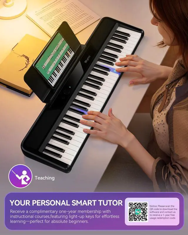 Alt view image 5 of 7 - Smart Piano 61 Key Keyboard for Beginners | Learning Keyboard Piano with 128 Tones, 128 Rhythms, Touch-Sensitive Lighted Keys Built-in Speakers and Music Lessons