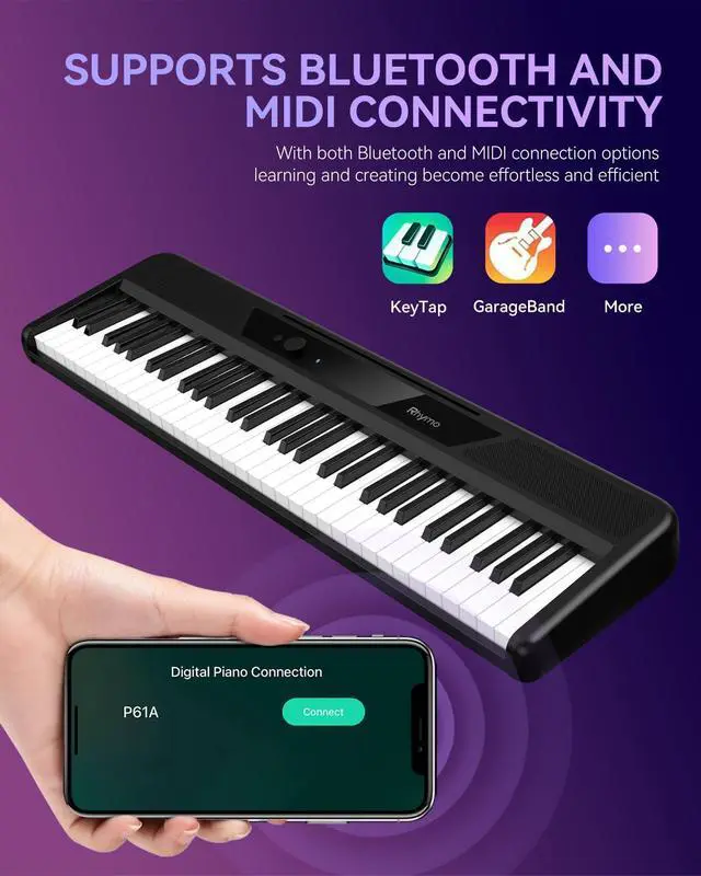 Alt view image 6 of 7 - Smart Piano 61 Key Keyboard for Beginners | Learning Keyboard Piano with 128 Tones, 128 Rhythms, Touch-Sensitive Lighted Keys Built-in Speakers and Music Lessons