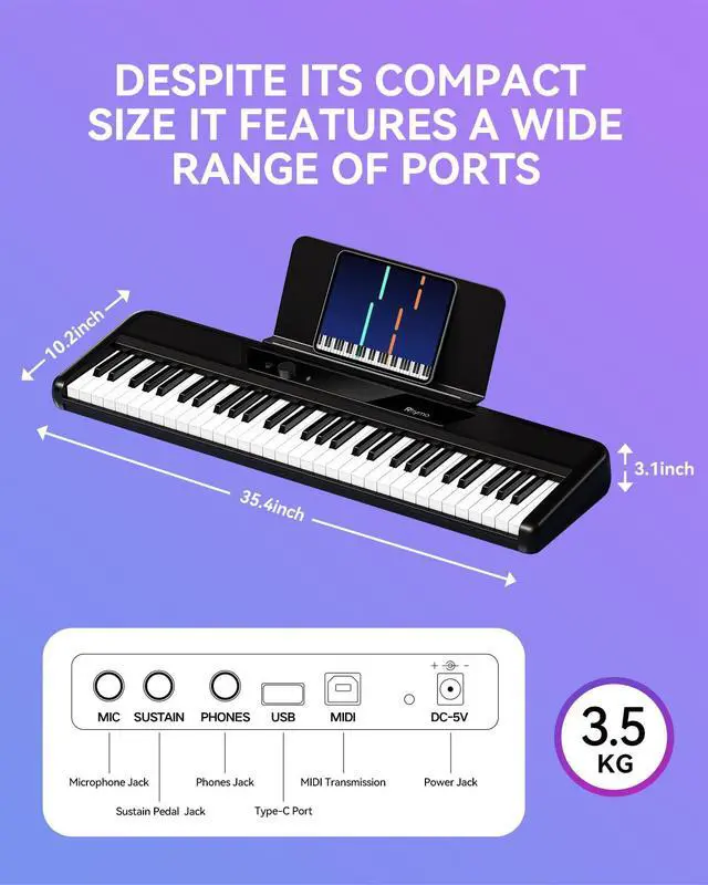 Alt view image 7 of 7 - Smart Piano 61 Key Keyboard for Beginners | Learning Keyboard Piano with 128 Tones, 128 Rhythms, Touch-Sensitive Lighted Keys Built-in Speakers and Music Lessons