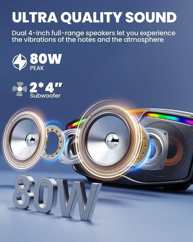Alt view image 2 of 7 - Bluetooth Karaoke Machine for Adults & Kids, 80W Portable Speaker with 2 Wireless Microphones, Echo Adjustment, Support USB/AUX/TF Card, for Outdoor/Indoor Gathering Gifts