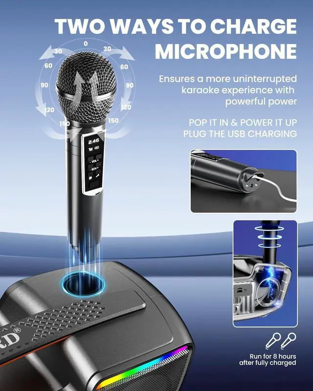 Alt view image 3 of 7 - Bluetooth Karaoke Machine for Adults & Kids, 80W Portable Speaker with 2 Wireless Microphones, Echo Adjustment, Support USB/AUX/TF Card, for Outdoor/Indoor Gathering Gifts