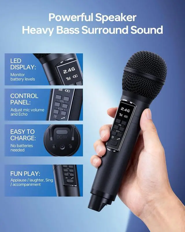 Alt view image 4 of 7 - Bluetooth Karaoke Machine for Adults & Kids, 80W Portable Speaker with 2 Wireless Microphones, Echo Adjustment, Support USB/AUX/TF Card, for Outdoor/Indoor Gathering Gifts