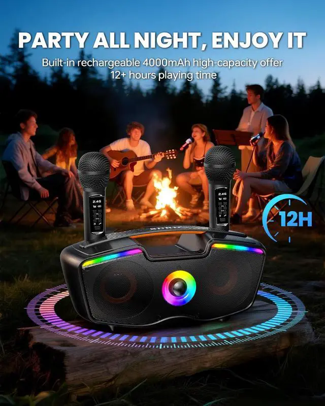 Alt view image 6 of 7 - Bluetooth Karaoke Machine for Adults & Kids, 80W Portable Speaker with 2 Wireless Microphones, Echo Adjustment, Support USB/AUX/TF Card, for Outdoor/Indoor Gathering Gifts